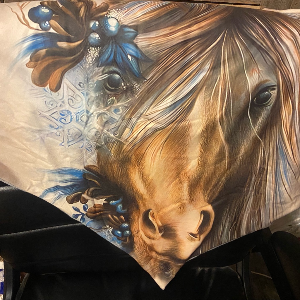 Horse Print Scarf With Blue Accents